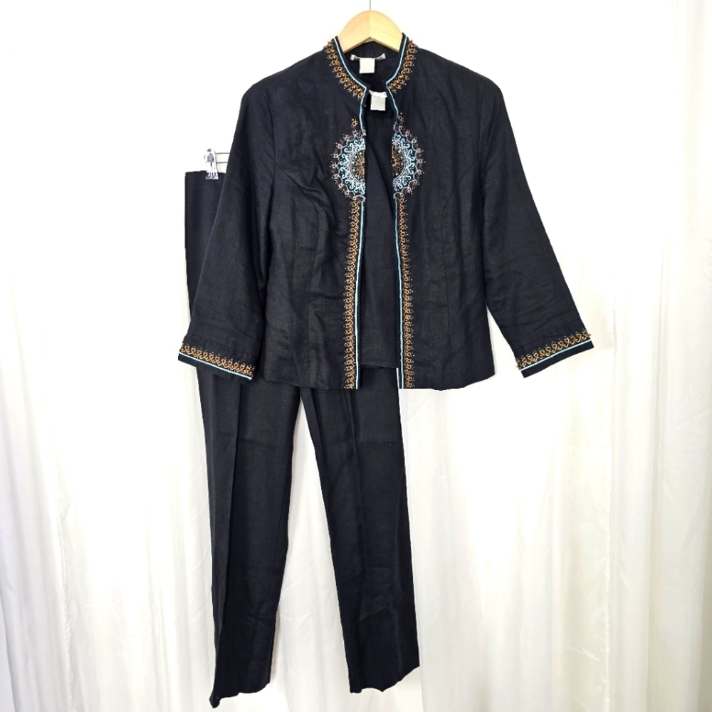 Vintage Sarah Spencer linen 3-piece embroidered beaded pant suit size 6